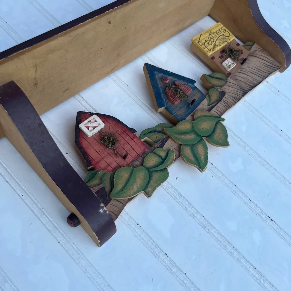 Rustic Wooden Birdhouse Wall Shelf Feathers Seed Company Folk Art  Decor